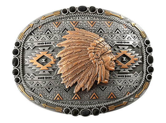 The Homeland Belt Buckle in a easy wearing oval shape features an Indian Chief motif in the center in pearl copper against an engraved southwest background with pearl copper accents. Antique gold arrows are engraved around the edge and black stone inlays are on the outer edge. Check these out at our Smyrna, TN shop not far from Murfreesboro.

3 x 4, Indian Chief Motif
98% Zinc, 1% Iron, 1% Stone