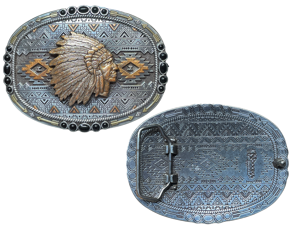 The Homeland Belt Buckle in a easy wearing oval shape features an Indian Chief motif in the center in pearl copper against an engraved southwest background with pearl copper accents. Antique gold arrows are engraved around the edge and black stone inlays are on the outer edge. Check these out at our Smyrna, TN shop not far from Murfreesboro.

3 x 4, Indian Chief Motif
98% Zinc, 1% Iron, 1% Stone
