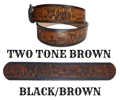 The Homestead Belt showcases the quintessential self-sustaining lifestyle through the imagery of Chickens, Tractors, Cows, and Barns. Made with 1/8" thick leather and 1 1/2" wide, the Antiqued Solid Buckle Silver is easily interchanged with two snaps. Personalize your belt with up to 10 letters. Buy yours online or come see us in Smyrna, TN, close to Nashville.