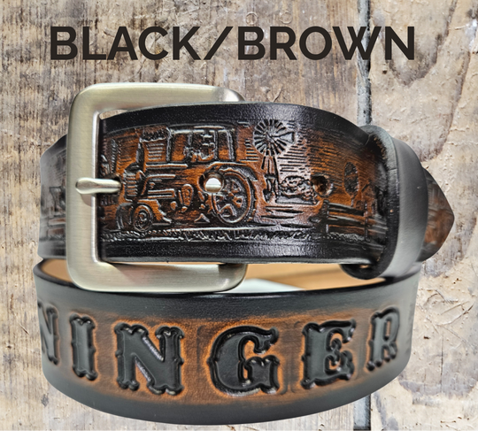 Close-up of Homestead country scene leather belt in black/brown color