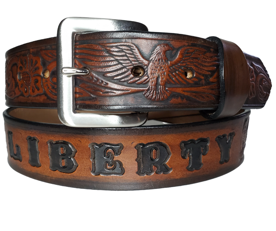 Honor and Glory leather belt with spread wing eagle design personalized with custom name
