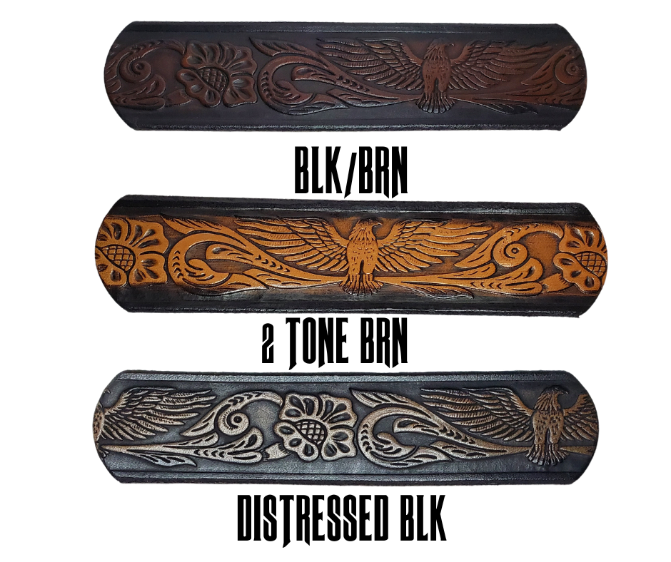 This Name Belt features a single strip of vegetable tanned leather in a patriotic pattern, highlighted by a flying eagle. The antique nickel-finished solid brass buckle is easily replaceable, allowing you to customize the design with your own buckle. It's crafted in our Smyrna, Tennessee shop, near Nashville.