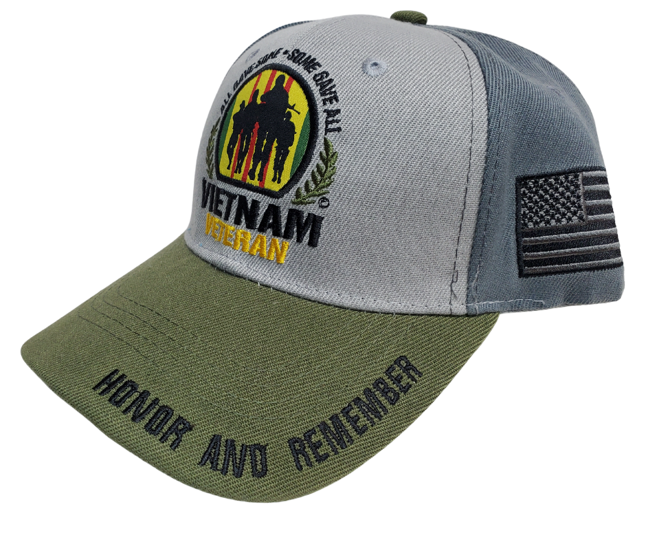 Honor the brave who gave all to defend America's freedom with a Viet Nam Veteran cap sporting a Punisher Skull and American Flag. Get yours today at our Smyrna, TN shop, only a quick 20 minutes from Downtown Nashville.   Color: Gray/Green/Yellow/Red   Embroidered DesignTopstitching Detail    Adjustable Closure  One Size Fits Most