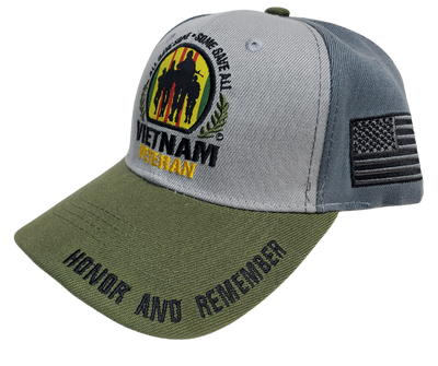 Honor the brave who gave all to defend America's freedom with a Viet Nam Veteran cap sporting a Punisher Skull and American Flag. Get yours today at our Smyrna, TN shop, only a quick 20 minutes from Downtown Nashville.   Color: Gray/Green/Yellow/Red   Embroidered DesignTopstitching Detail    Adjustable Closure  One Size Fits Most