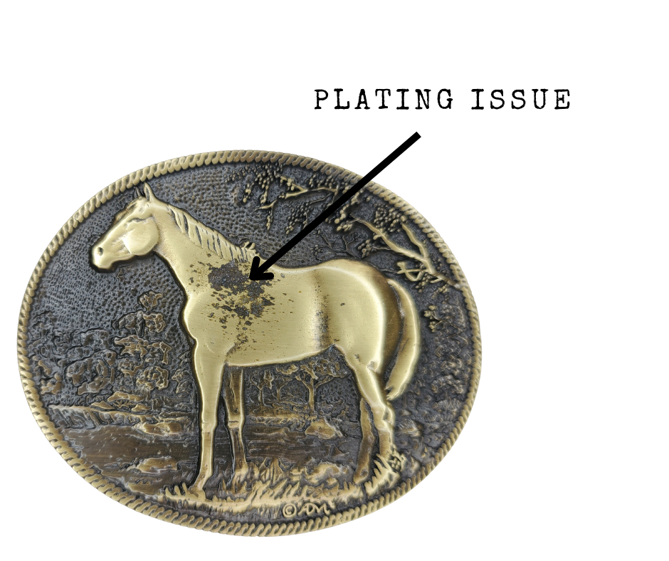 Whether you ride Horses for recreation, competition, they are a beautiful animal! A rope edge with Standing horse with background of trees. Antiqued brass finished oval shape that will complement whatever your wearing.  Fits a 1 1/2" belt and is approx. 3" x 4" in size. Available online and at our shop just outside Nashville in Smyrna, TN. Metal alloy with Montana Armor coating.