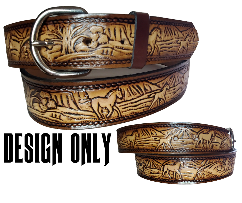 The Stallion leather belt has Horses running in the wild Brown Antiqued finish. Available in a 1 1/2" width. Full grain vegetable tanned cowhide, Width 1 1/2" and includes Nickle plated  buckle Smooth burnished painted edges. Made in USA! For name Type name OR No Name  in "Type Name Here" section.  Buckle snaps in place for easy changing if desired. In stock at our Smyrna, TN shop.