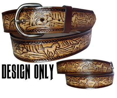 The Stallion leather belt has Horses running in the wild Brown Antiqued finish. Available in a 1 1/2" width. Full grain vegetable tanned cowhide, Width 1 1/2" and includes Nickle plated  buckle Smooth burnished painted edges. Made in USA! For name Type name OR No Name  in "Type Name Here" section.  Buckle snaps in place for easy changing if desired. In stock at our Smyrna, TN shop.