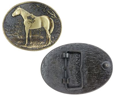 Whether you ride Horses for recreation, competition, they are a beautiful animal! A rope edge with Standing horse with background of trees. Antiqued brass finished oval shape that will complement whatever your wearing.  Fits a 1 1/2" belt and is approx. 3" x 4" in size. Available online and at our shop just outside Nashville in Smyrna, TN. Metal alloy with Montana Armor coating.