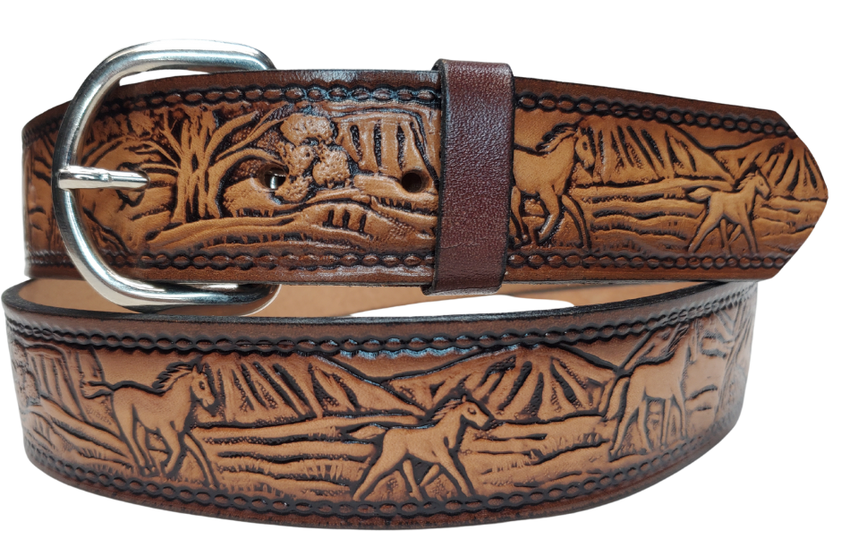 This stylish leather belt features Running Horses artwork that is sure to draw attention. The easy-change metal buckle makes for comfortable wear and makes it easy to adjust for size. Perfect for adding a unique touch to any wardrobe. This belt is stocked in our shop outside Nashville in Smyrna, TN.