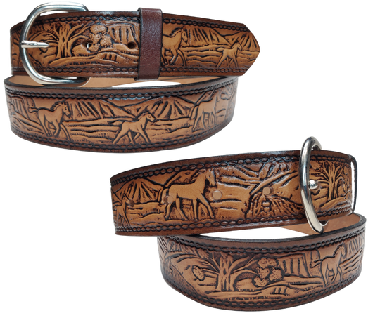 This stylish leather belt features Running Horses artwork that is sure to draw attention. The easy-change metal buckle makes for comfortable wear and makes it easy to adjust for size. Perfect for adding a unique touch to any wardrobe. This belt is stocked in our shop outside Nashville in Smyrna, TN.