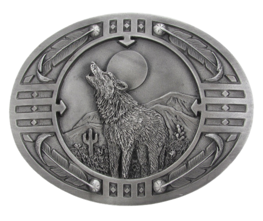 <span data-mce-fragment="1">In some Native American cultures, hearing a wolf howl is seen as&nbsp;</span>a sign of impending change or transformation<span data-mce-fragment="1">, and may even be considered a message from a spirit guide. Made of pewter and f</span>its 1 1/2" belts, approx. 3" x 4". Available in our shop just outside Nashville in Smyrna, TN.