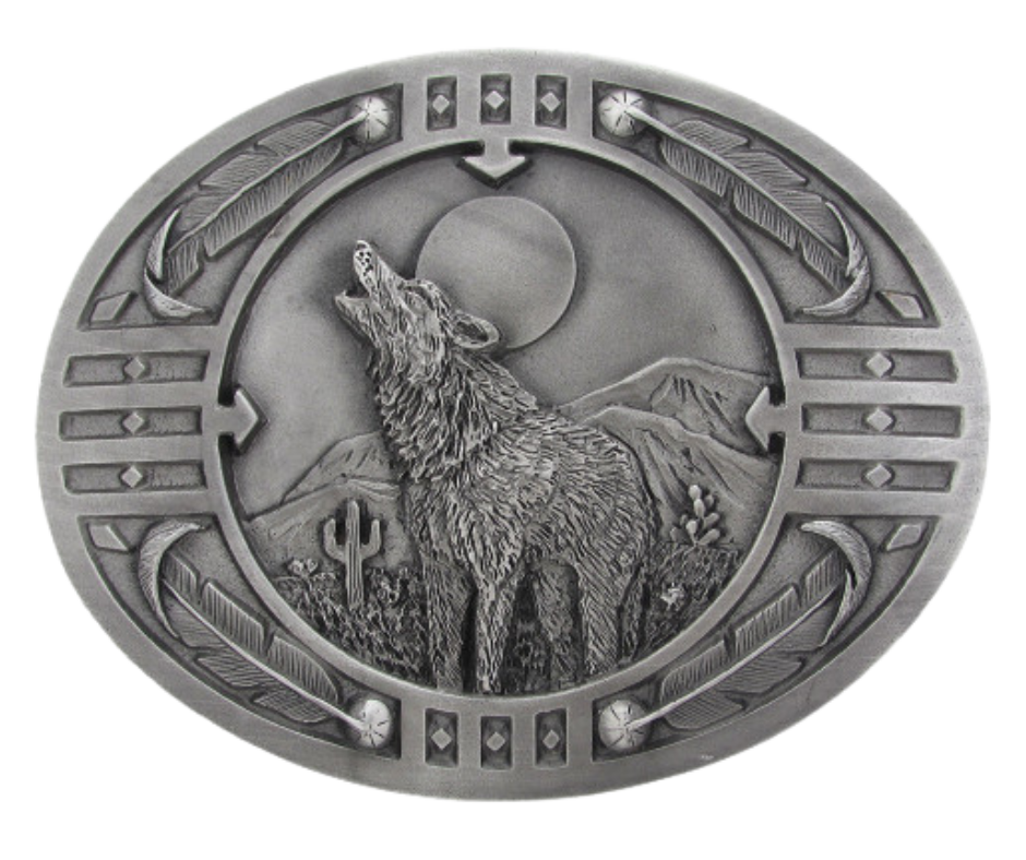<span data-mce-fragment="1">In some Native American cultures, hearing a wolf howl is seen as&nbsp;</span>a sign of impending change or transformation<span data-mce-fragment="1">, and may even be considered a message from a spirit guide. Made of pewter and f</span>its 1 1/2" belts, approx. 3" x 4". Available in our shop just outside Nashville in Smyrna, TN.