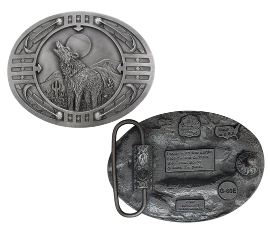 <span data-mce-fragment="1">In some Native American cultures, hearing a wolf howl is seen as&nbsp;</span>a sign of impending change or transformation<span data-mce-fragment="1">, and may even be considered a message from a spirit guide. Made of pewter and f</span>its 1 1/2" belts, approx. 3" x 4". Available in our shop just outside Nashville in Smyrna, TN.