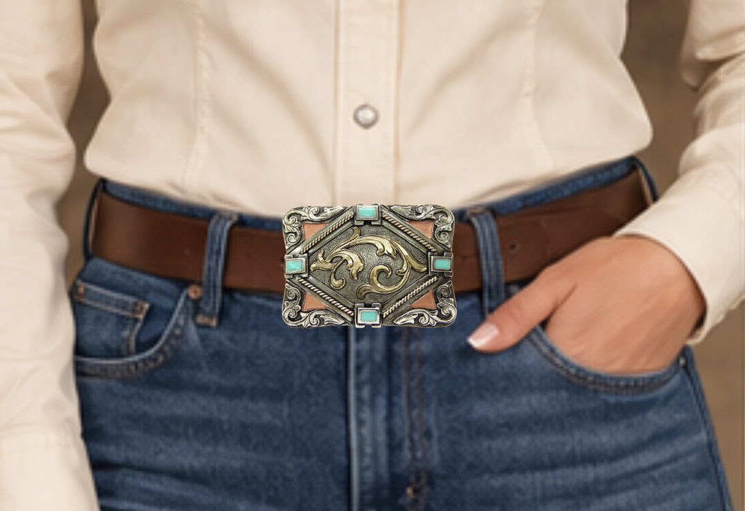 The Hebilla Western inspired buckle combines Stones and Scrolled designs buckle has a rectangle shape. This buckle is made from German Silver (nickel and brass alloy) or iron metal base. Some buckles have motifs made of copper, iron or brass and some are adorned with synthetic stones. Buckle size is Width 3.5” Height 2.5” and is available in our Smyrna, TN shop.  Buckle Width 3.5” Height 2.5” Fit&