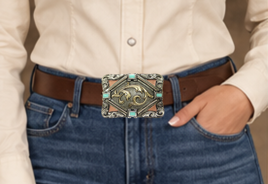 The Hebilla Western inspired buckle combines Stones and Scrolled designs buckle has a rectangle shape. This buckle is made from German Silver (nickel and brass alloy) or iron metal base. Some buckles have motifs made of copper, iron or brass and some are adorned with synthetic stones. Buckle size is Width 3.5” Height 2.5” and is available in our Smyrna, TN shop.  Buckle Width 3.5” Height 2.5” Fit&