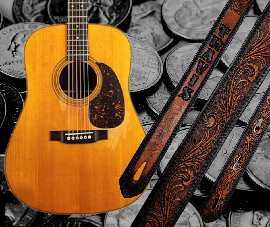 This Guitar Strap is crafted to the same high quality as our Custom belts! It's made of 1/8" thick, vegetable-tanned, drum-dyed cowhide, with beveled and black painted edges, and a unique hand stained finish and a Hand Painted Name. The main strap is one 1 1/2" wide, with a single hole in the front and 3-hole adjustment on the back. We proudly manufacture it in Smyrna, TN - just outside Nashville. 