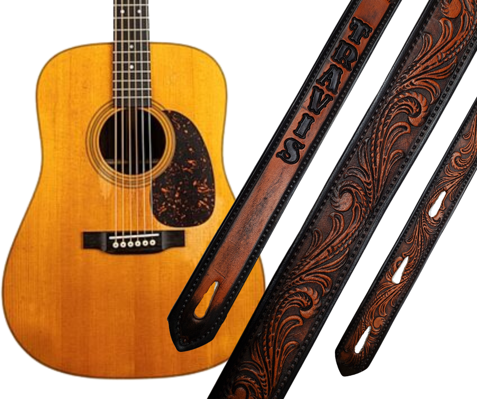 This Guitar Strap is crafted to the same high quality as our Custom belts! It's made of 1/8" thick, vegetable-tanned, drum-dyed cowhide, with beveled and black painted edges, and a unique hand stained finish and a Hand Painted Name. The main strap is one 1 1/2" wide, with a single hole in the front and 3-hole adjustment on the back. We proudly manufacture it in Smyrna, TN - just outside Nashville. 