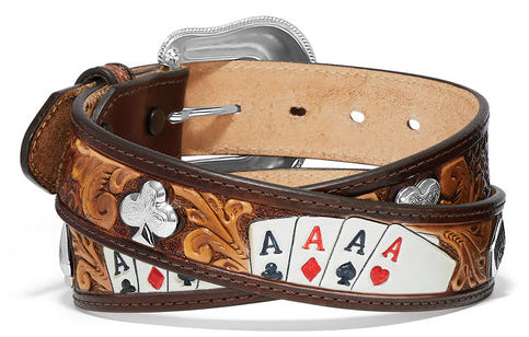 The High Roller Leather Belt by Tony Lama. Experience the wild side essence of the Old West with this 1 1/2" leather belt, featuring painted Ace cards in a 4-of-a-kind spread with conchos of each suit along 2 classic Western patterns. Visit our Smyrna, TN shop, just a quick ride share away from the bustling Wild West vibe of downtown Nashville.