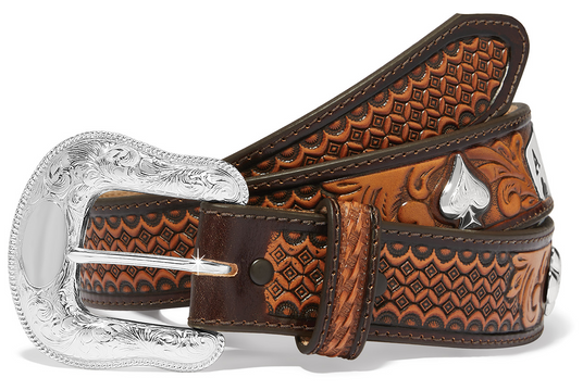 The High Roller Leather Belt by Tony Lama. Experience the wild side essence of the Old West with this 1 1/2" leather belt, featuring painted Ace cards in a 4-of-a-kind spread with conchos of each suit along 2 classic Western patterns. Visit our Smyrna, TN shop, just a quick ride share away from the bustling Wild West vibe of downtown Nashville.