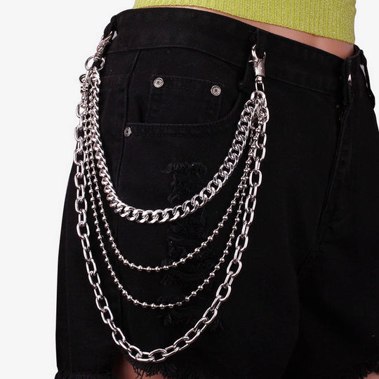 Dress up your favorite jeans with our Hip Hop Quad Jean Chain. The 2 Belt loop clips easily attach to you favorite old jeans. All you need is your best shirt or top and your good to go. Now in stock at our Smyrna, TN shop not far from the First Bank Amphitheater.

Metal alloy
See pic for dimensions
Imported