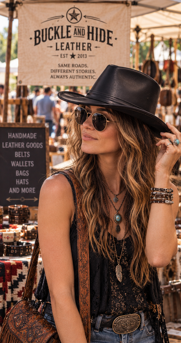 The Hobart Fedora styled Hat made from leather. A Fedora is a Unisex design and perfect if your feeling bold or you had have tradional taste. This black fedora is found at our Smyrna, TN shop, not far from Nashville.

100% genuine cowhide
Shape-able brim