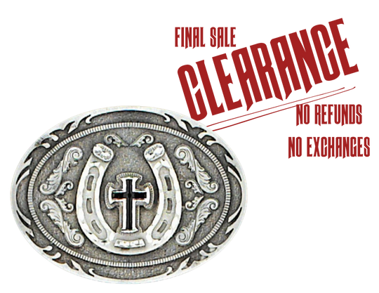 Oval pewter belt buckle with horseshoe and cross design in the center. May be added to any of the belts on this site that have snap closure for buckle or may be added to a belt of your own.
Fits 1 1/2" belts
Black epoxy inlay
Size 3-1/2" x 2-3/4"