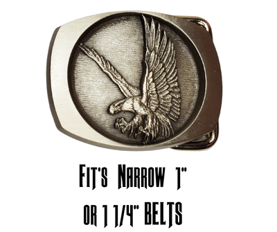 Rectangle shaped antique Brass colored pewter belt buckle with  Flying Eagle.  Available online and at our shop just outside Nashville in Smyrna, TN.   Made in USA CAST Solid Brass BUCKLE FOR EITHER 1" or 1 1/4"" belts. Genuine apparel for men and women SIZE 2.5" x 2.5". Newly manufactured belt buckle using 1970's-1980's molds.