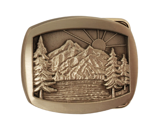 If you like narrow belts and buckles this antique Bronze belt buckle is perfect for you. Rectangle/Oval shaped with rounded corners, featuring Pine trees, Mountains, and a breathtaking Sunrise. Don't miss out on getting it online or in-store at our shop near Nashville in Smyrna, TN.