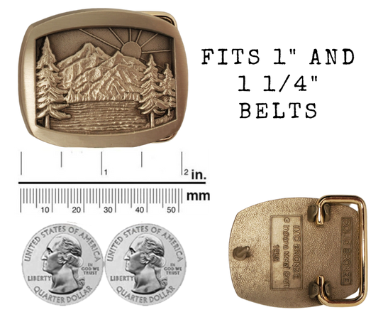 If you like narrow belts and buckles this antique Bronze belt buckle is perfect for you. Rectangle/Oval shaped with rounded corners, featuring Pine trees, Mountains, and a breathtaking Sunrise. Don't miss out on getting it online or in-store at our shop near Nashville in Smyrna, TN.