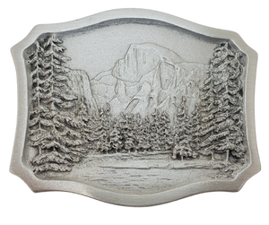 Shield shaped antique silver colored belt buckle with the well known Yosemite National Park scene with a 70's vibe.&nbsp;&nbsp;Available online and at our shop just outside Nashville in Smyrna, TN.