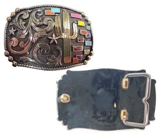 I'm your Cactus buckle is made from German Silver (nickel and brass alloy) or iron metal base. Each piece is punched, cut, soldered, engraved, polished and painted by our talented metal workers in order to give you the quality and long lasting final product we also. Available at our Smyrna, TN shop just outside of Nashville.