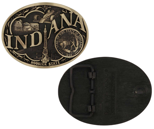 Large lettering spelling out Indiana stretches boldly across, surrounded by a set of antiqued figures in celebration of Indiana heritage including farming, racing, and the state seal. Our cast belt buckles are acid washed to add the dark antiqued patina and hand buffed to bring out the highlights and details. Standard 1.5 inch belt swivel.
Get yours at our local Smyrna ,TN shop.