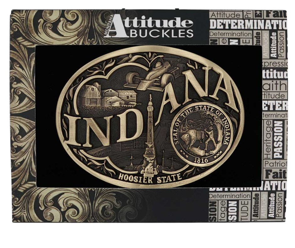 Large lettering spelling out Indiana stretches boldly across, surrounded by a set of antiqued figures in celebration of Indiana heritage including farming, racing, and the state seal. Our cast belt buckles are acid washed to add the dark antiqued patina and hand buffed to bring out the highlights and details. Standard 1.5 inch belt swivel.
Get yours at our local Smyrna ,TN shop.