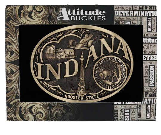 Large lettering spelling out Indiana stretches boldly across, surrounded by a set of antiqued figures in celebration of Indiana heritage including farming, racing, and the state seal. Our cast belt buckles are acid washed to add the dark antiqued patina and hand buffed to bring out the highlights and details. Standard 1.5 inch belt swivel.
Get yours at our local Smyrna ,TN shop.