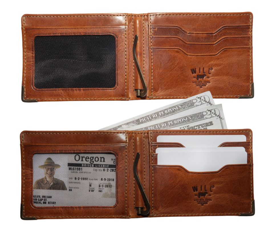 A traditional billfold with an internal antique brass money clip to secure cash. Includes three card slots and a mesh ID slot with an additional pocket underneath. Bottom right corners are reinforced by antique brass. Compact 4.25” x 1” x 3.5” made Certified Full Grain Italian Veg-Tan Leather, arguably the best in the world. Find yours at our Smyrna, TN close to Franklin. Made by Will Leather.