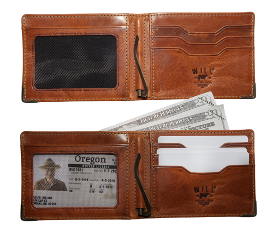 A traditional billfold with an internal antique brass money clip to secure cash. Includes three card slots and a mesh ID slot with an additional pocket underneath. Bottom right corners are reinforced by antique brass. Compact 4.25” x 1” x 3.5” made Certified Full Grain Italian Veg-Tan Leather, arguably the best in the world. Find yours at our Smyrna, TN close to Franklin. Made by Will Leather.