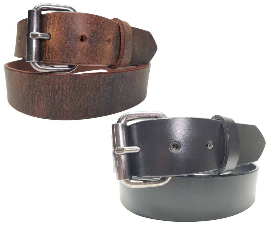 Bring that rugged, hardworking vibe to your cubicle with The Industrialist Leather Belt! Rock a beefy Antique Roller buckle that laughs in the face of your daily paper-pushing adventures. At 1 1/2" wide in either sleek Black or character-rich Distressed Brown, this belt plays nice with jeans or casual pants. Feeling fickle? Swap buckles faster than you can say "casual Friday" thanks to our snap system. Mosey on down to our Smyrna, TN shop and saddle up with your new favorite belt!