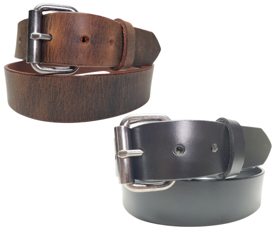 Bring that rugged, hardworking vibe to your cubicle with The Industrialist Leather Belt! Rock a beefy Antique Roller buckle that laughs in the face of your daily paper-pushing adventures. At 1 1/2" wide in either sleek Black or character-rich Distressed Brown, this belt plays nice with jeans or casual pants. Feeling fickle? Swap buckles faster than you can say "casual Friday" thanks to our snap system. Mosey on down to our Smyrna, TN shop and saddle up with your new favorite belt!