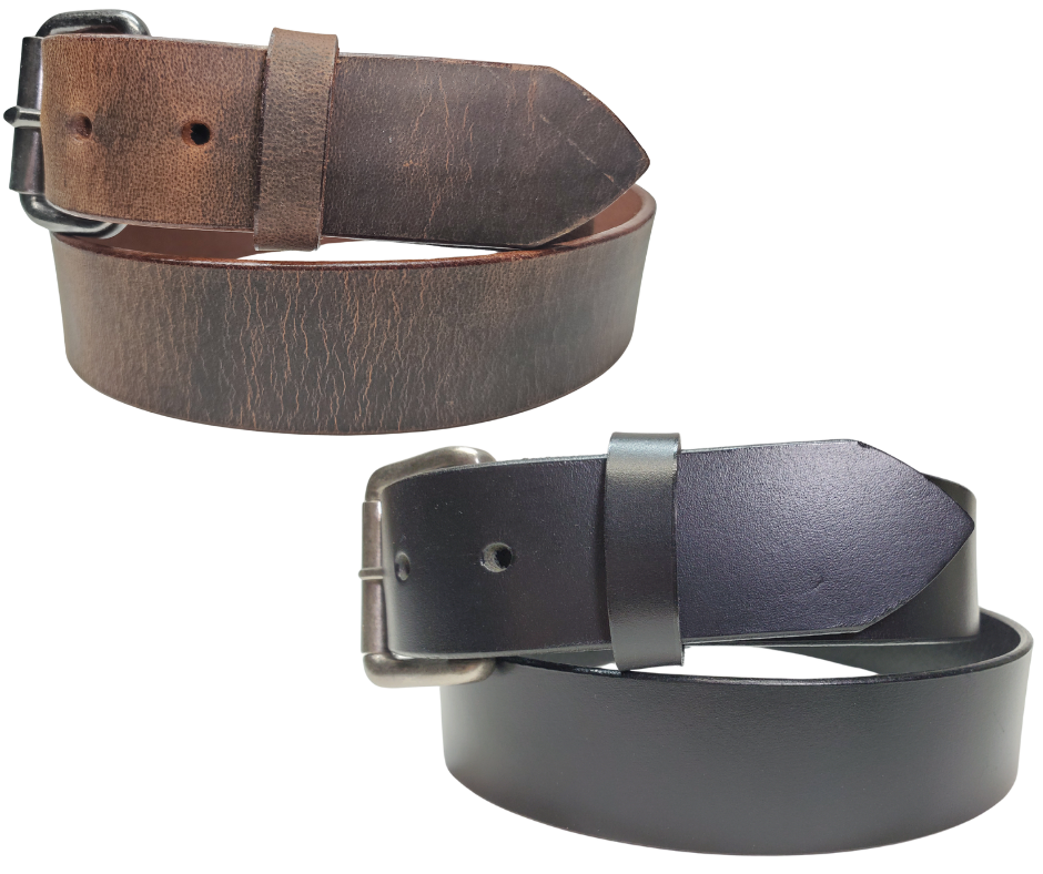 Bring that rugged, hardworking vibe to your cubicle with The Industrialist Leather Belt! Rock a beefy Antique Roller buckle that laughs in the face of your daily paper-pushing adventures. At 1 1/2" wide in either sleek Black or character-rich Distressed Brown, this belt plays nice with jeans or casual pants. Feeling fickle? Swap buckles faster than you can say "casual Friday" thanks to our snap system. Mosey on down to our Smyrna, TN shop and saddle up with your new favorite belt!
