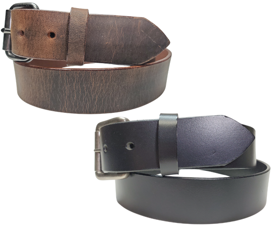 Bring that rugged, hardworking vibe to your cubicle with The Industrialist Leather Belt! Rock a beefy Antique Roller buckle that laughs in the face of your daily paper-pushing adventures. At 1 1/2" wide in either sleek Black or character-rich Distressed Brown, this belt plays nice with jeans or casual pants. Feeling fickle? Swap buckles faster than you can say "casual Friday" thanks to our snap system. Mosey on down to our Smyrna, TN shop and saddle up with your new favorite belt!
