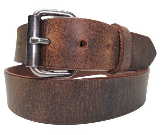 Bring that rugged, hardworking vibe to your cubicle with The Industrialist Leather Belt! Rock a beefy Antique Roller buckle that laughs in the face of your daily paper-pushing adventures. At 1 1/2" wide in either sleek Black or character-rich Distressed Brown, this belt plays nice with jeans or casual pants. Feeling fickle? Swap buckles faster than you can say "casual Friday" thanks to our snap system. Mosey on down to our Smyrna, TN shop and saddle up with your new favorite belt!