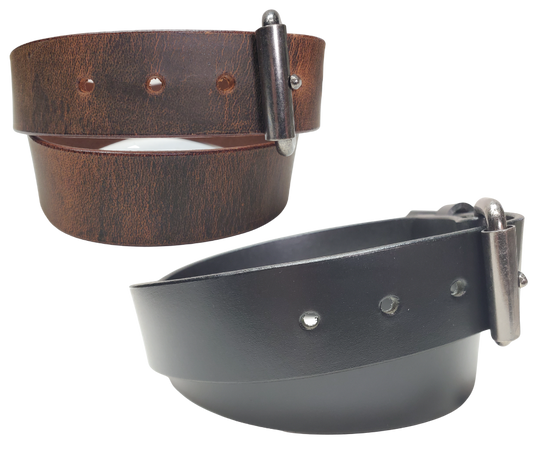 Bring that rugged, hardworking vibe to your cubicle with The Industrialist Leather Belt! Rock a beefy Antique Roller buckle that laughs in the face of your daily paper-pushing adventures. At 1 1/2" wide in either sleek Black or character-rich Distressed Brown, this belt plays nice with jeans or casual pants. Feeling fickle? Swap buckles faster than you can say "casual Friday" thanks to our snap system. Mosey on down to our Smyrna, TN shop and saddle up with your new favorite belt!