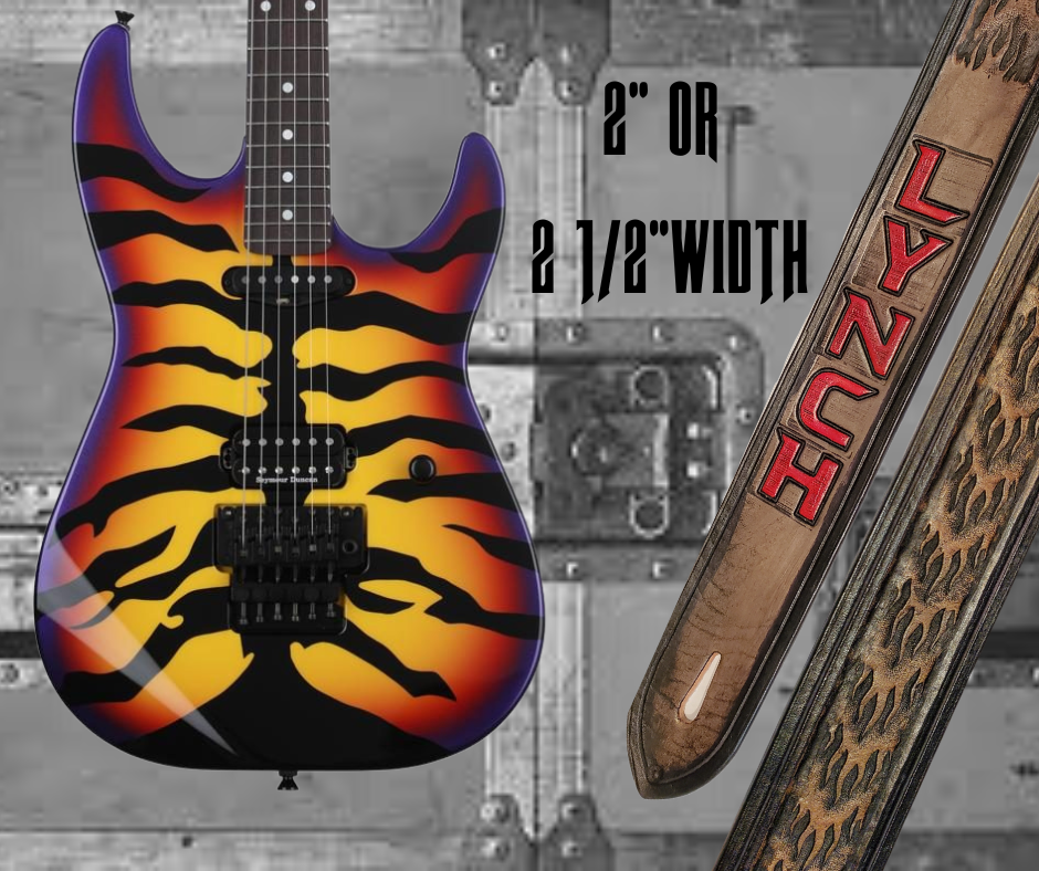 Mr. Lynch is a Icon in shredding guitar world. Lighting fast riffs and licks is why we chose Fire for this strap. The main strap is made from a single strip of Veg tan leather with beveled and painted edges with a embossed Fire pattern.  Choose a 2" or 2 1/2" wide strap with a classic adjustment style. Made just outside Nashville in Smyrna, TN.