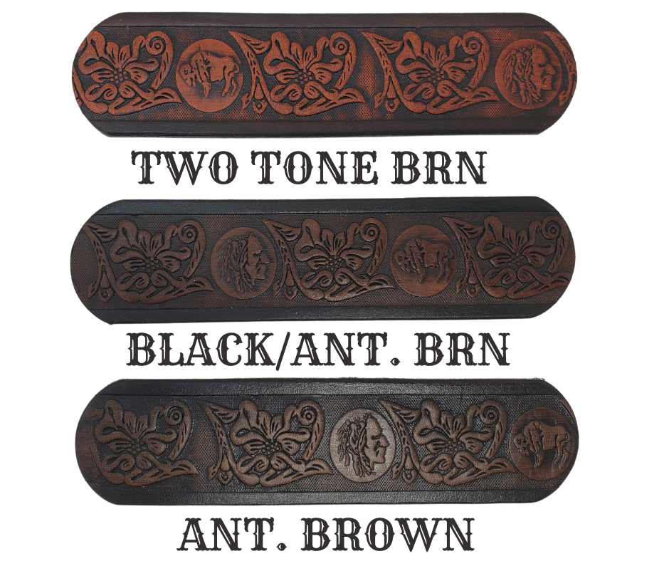 This unique Name Belt features a hand-stained strip of vegetable tanned leather, displaying a Western Scroll design and both sides of the iconic Buffalo Nickel pattern. The antique nickel finish solid brass buckle can be easily changed. Handcrafted in our Smyrna, Tennessee shop, near Nashville.