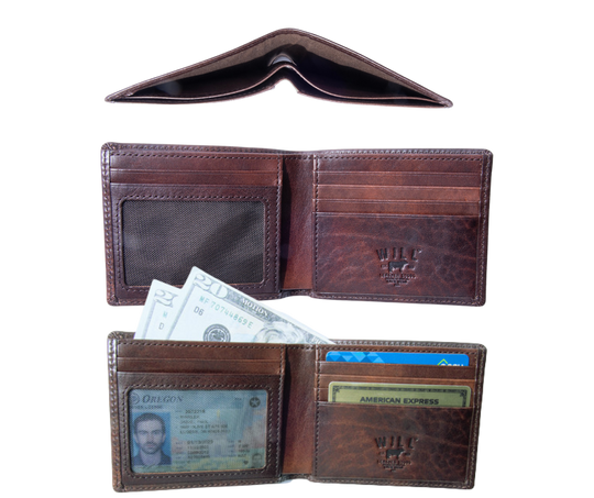 Italian Full Grain Veg-Tan is some of the finest leather in the world. Yes it cost more but when you want the best your willing to pay a bit more. Smooth and soft Italian calfskin with a glossy finish in Brandy and Cognac. 5 card slots, I.D. slot, 2 cash pockets. It's compact 3" x 4" x .75" size is right size for your daily needs. Now stocked at our Smyrna, TN store not far from Famous Franklin. Made by Will Leather, Imported.