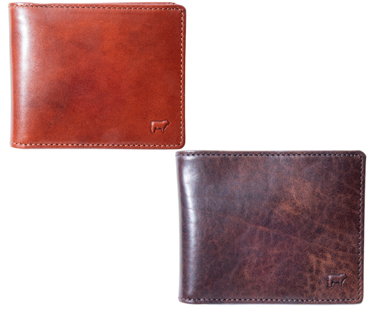 Italian Full Grain Veg-Tan is some of the finest leather in the world. Yes it cost more but when you want the best your willing to pay a bit more. Smooth and soft Italian calfskin with a glossy finish in Brandy and Cognac. 5 card slots, I.D. slot, 2 cash pockets. It's compact 3" x 4" x .75" size is right size for your daily needs. Now stocked at our Smyrna, TN store not far from Famous Franklin. Made by Will Leather, Imported.