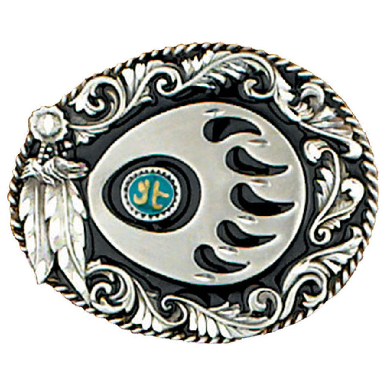 The Native Bear Claw belt buckle, highlighted with enamel and stone chips, perfect for up to 1 3/4" belts. Measuring 3 1/8" by 2-1/2" tall, it's available in our shop located just outside of Nashville in Smyrna, TN.

Solid metal cast Material: Metal alloy
Enamel inlay
Fits up to 1 3/4" belts
USA Made