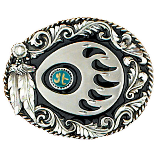The Native Bear Claw belt buckle, highlighted with enamel and stone chips, perfect for up to 1 3/4" belts. Measuring 3 1/8" by 2-1/2" tall, it&