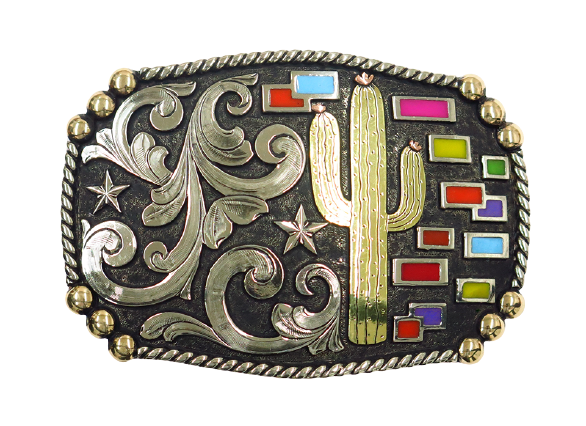 I'm your Cactus buckle is made from German Silver (nickel and brass alloy) or iron metal base. Each piece is punched, cut, soldered, engraved, polished and painted by our talented metal workers in order to give you the quality and long lasting final product we also&nbsp; Available at our Smyrna, TN shop just outside of Nashville.

Approx. Width 4” Height 3”
Standard 1.5” width belt