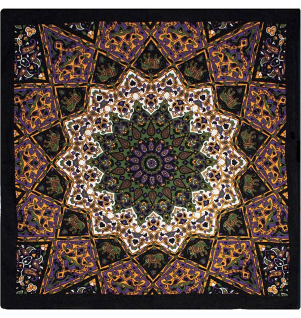 Indian Kaleidoscope Paisley star bandana . Classic style bandanna made with colorfast dyes on super soft, 100% cotton. Get yours at our Smyrna, TN shop not far from the Gulch.

Gold, green, and violet
Measures 22 inches x 22 inches.
Handcrafted in India using traditional techniques
